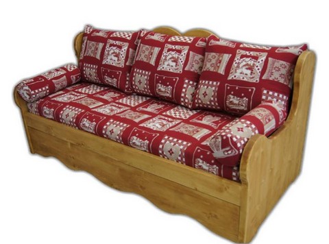 banquette lit gigogne avec boiserie montagne, canapé lit gigogne motif montagne, banquette gigogne sommier escamotable